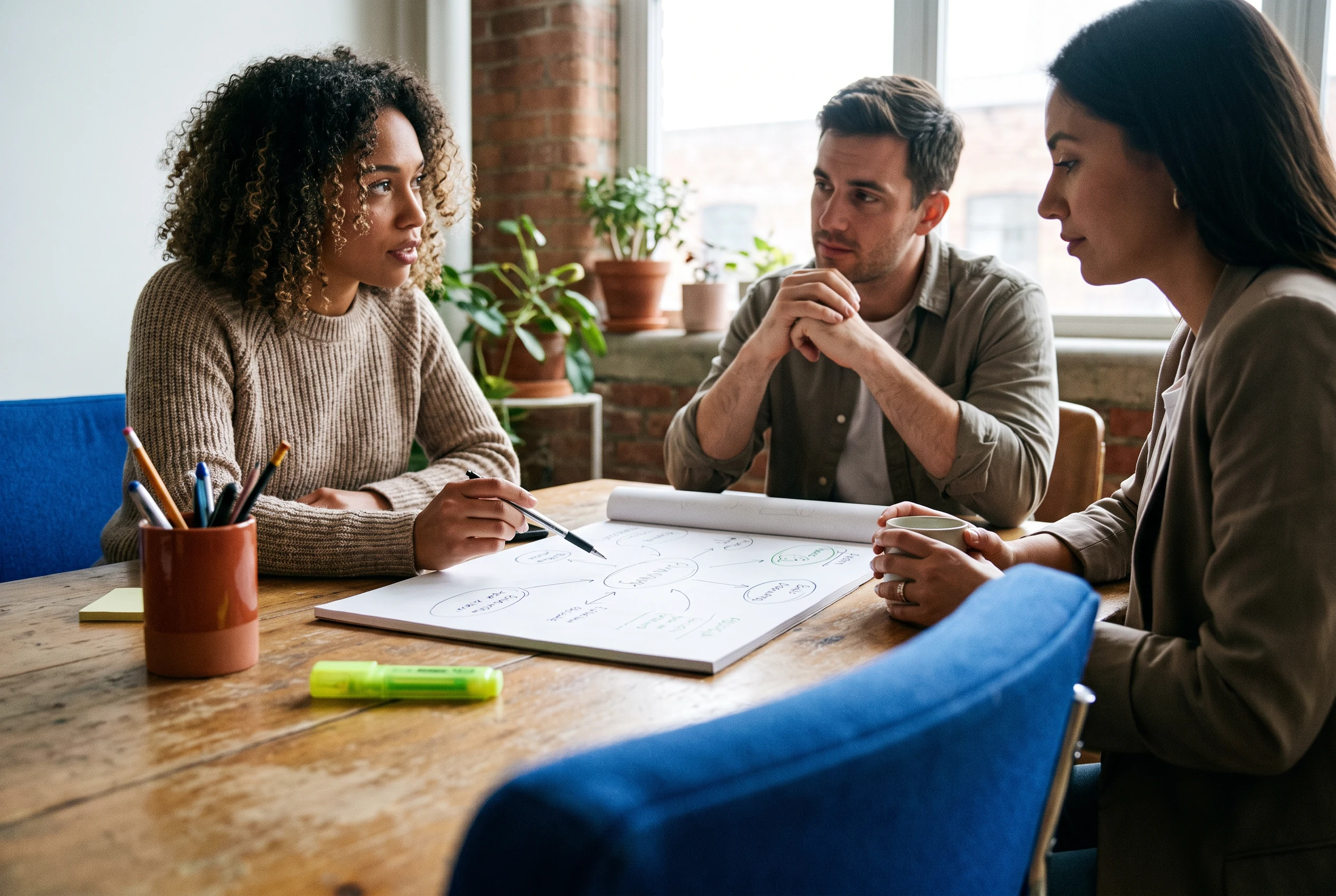 Colleagues discussing a paper planning sheet