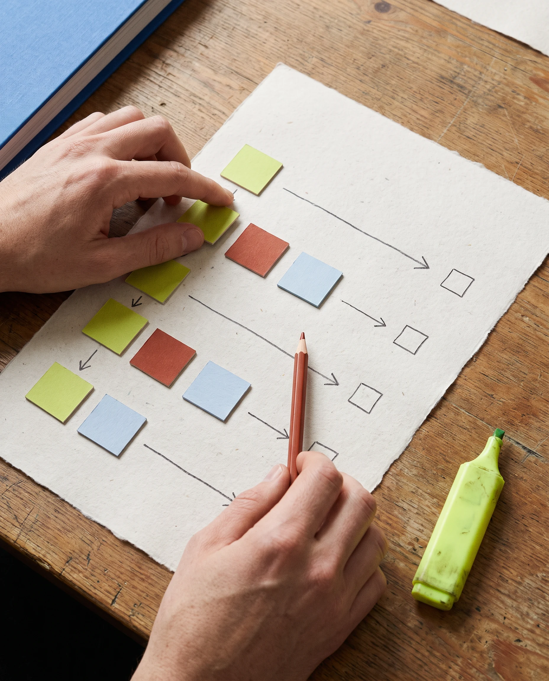 Hands arranging a simple campaign plan on paper