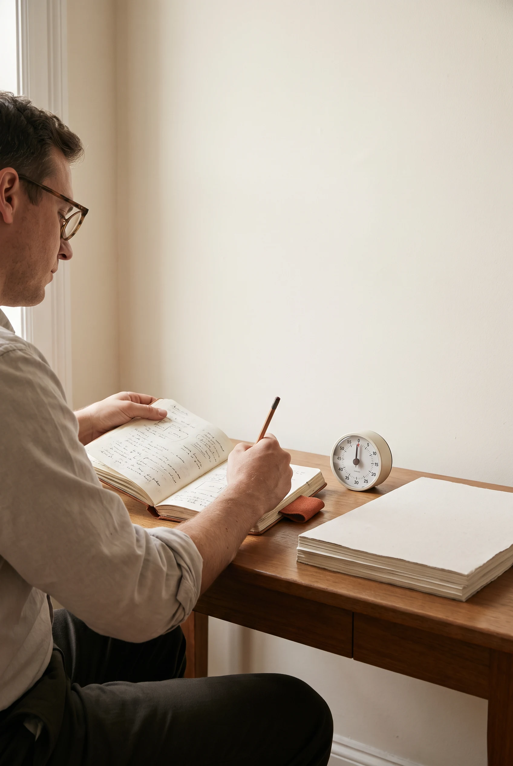 Professional preparing interview notes at a desk