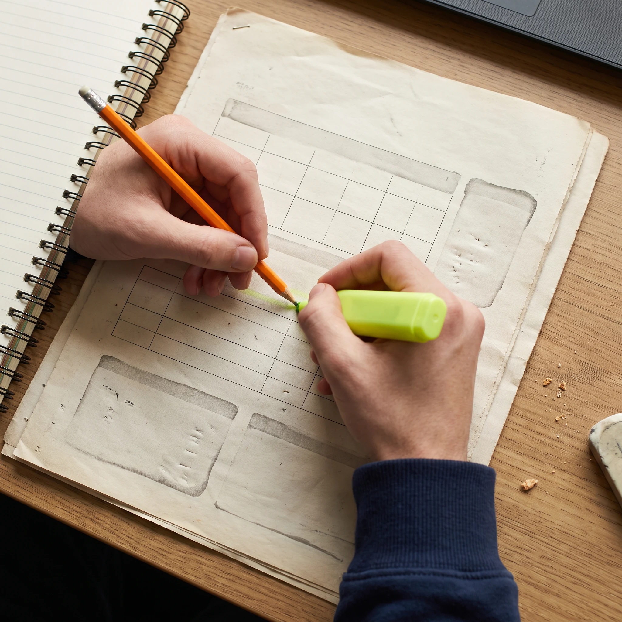 Hand annotating a printed planning sheet
